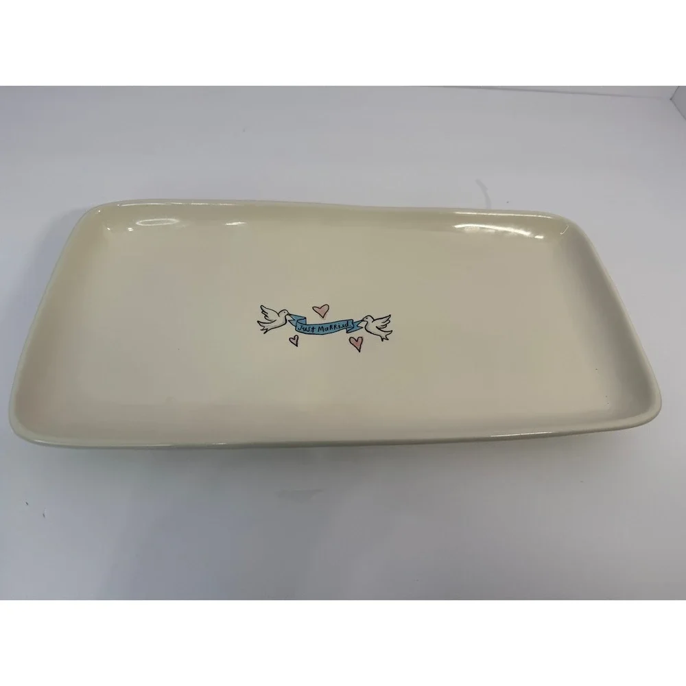 Rae Dunn Just Married Ceramic Platter Doves Hearts Wedding Serving Tray 12 Inch